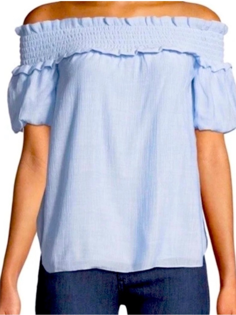 Club Monaco Torcasta Light Blue Shirred Off-Shoulder Smocked Blouse Top